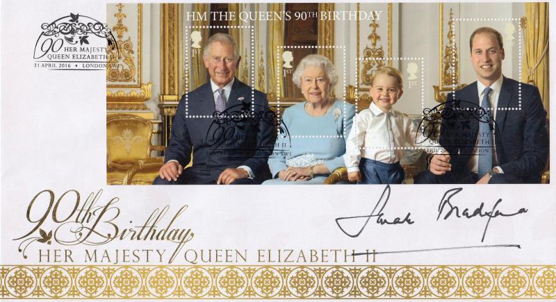 2016 (04) The Queen's 90th Birthday (M/S) - Internet 'London SW1' Official - Signed by Sarah Bradford