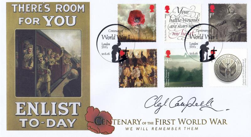 2016 (06) World War I (Stamps) - Internet 'SW1 Soldier at Graveside' Official - Signed by Cheryl Campbell