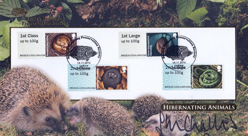 2016 (11) Hibernating Animals Post & Go - Internet 'Hedgehog Preservation Society, Ludlow' Official - Signed by the late John Challis