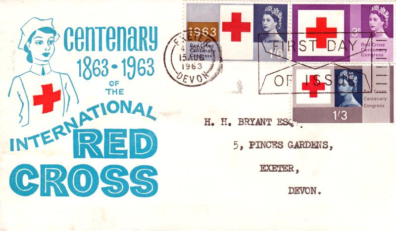 1963 (08) Red Cross - Blue Text & Nurse Cover - Ord - Exeter, First day of Issue 'Envelope' Slogan