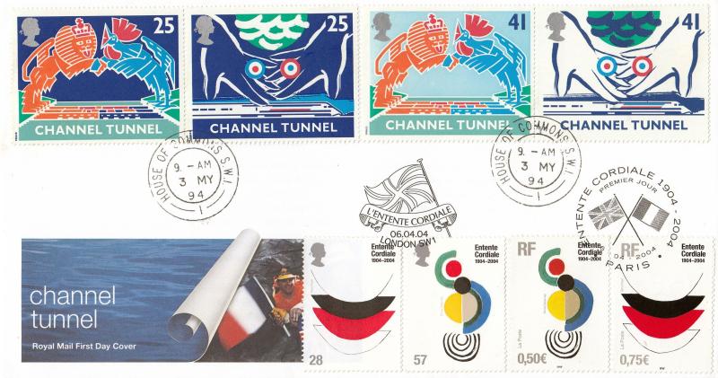 1994 (05) Channel Tunnel - RM - PAIR of Covers - House of Commons CDS + House of Lords CDS - DOUBLED 2004 Entente Cordiale Sets