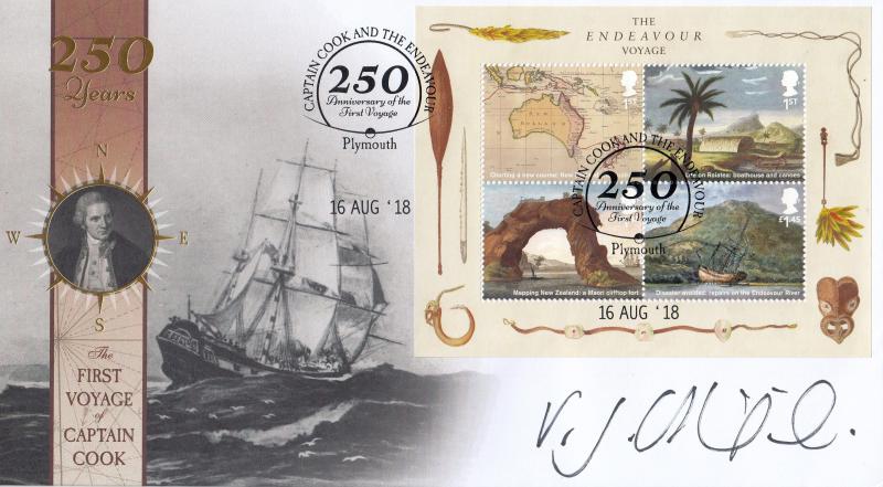 2018 (08) Captain Cook & The Endeavour (M/S - NO Barcode Version) - Internet '250, Plymouth' Official - Signed by Vanessa Collingridge