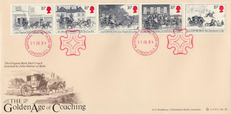 1984 (07) Royal Mail - Bradbury LFDC 36 (Bath Mail Coach) Cover - National Postal Museum (Maltese Cross) H/S