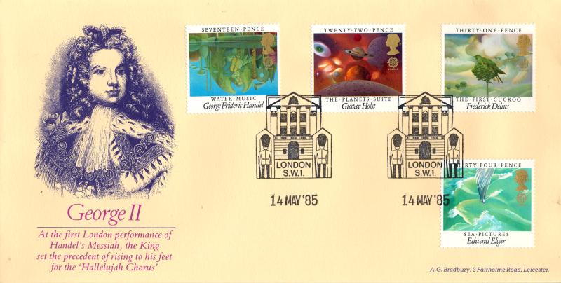 1985 (05) Composers - Bradbury 'George II' Cover - London SW1 'Buckingham Palace Frontage' Philatelic Counter H/S