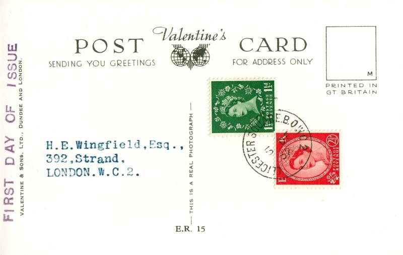 1952 (12) 1½d + 2½d Definitives - Valentines 'Queen Elizabeth' Postcard - Leicester Square CDS