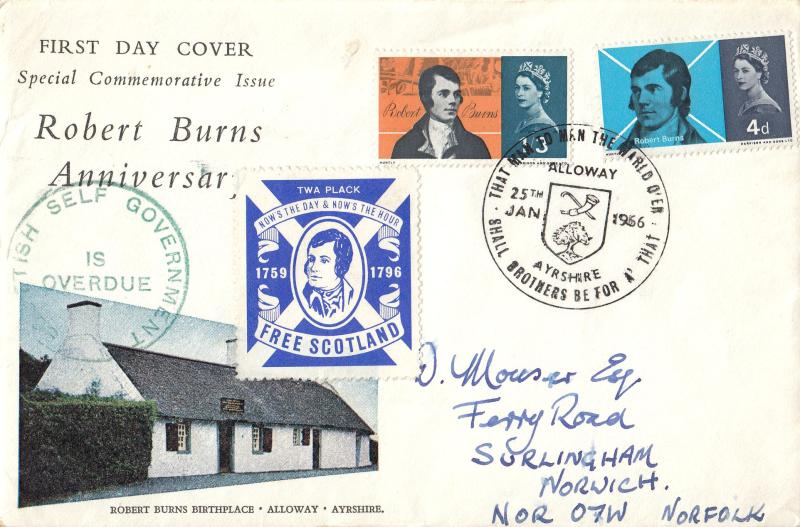 1966 (01) Robert Burns - Ord - Connoisseur - Alloway H/S (Large Format) - With TWA Plack Free Scotland Stamp & Scottish Self Government Is Overdue Cachet