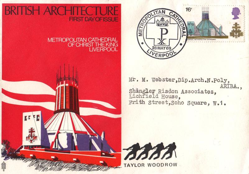 1969 (05) Cathedrals - Trident 'Liverpool Metropolitan Cathedral' Cover - Liverpool Metropolitan Cathedral H/S on the 1/9d stamp - WITH the Taylor Woodrow Overprint