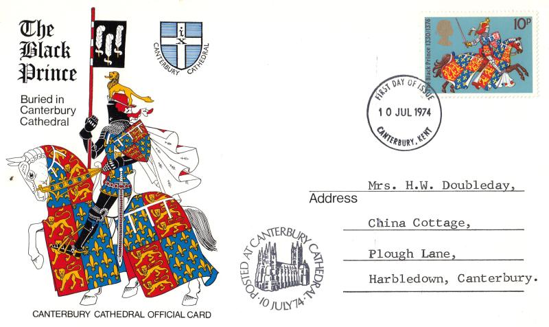 1974 (07) Great Britons - Canterbury Cathedral 'Black Prince' Card - 10p - Canterbury FDI