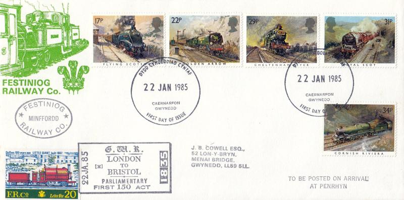 1985 (01) Famous Trains - Festiniog Railway Co Cover - Caernarfon FDI