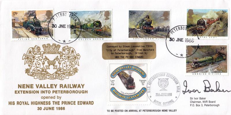 1986 (06) Nene Valley Railway Extension Cover - Peterborough CDS - Signed by Sir Ivor Baker