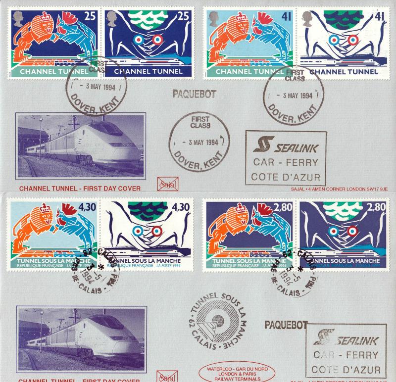 1994 (05) Channel Tunnel - Sajal Philatelics Covers (PAIR) - Dover Paquebot CDS + Calais Paquebot CDS + Sealink Car Ferry Cachet's