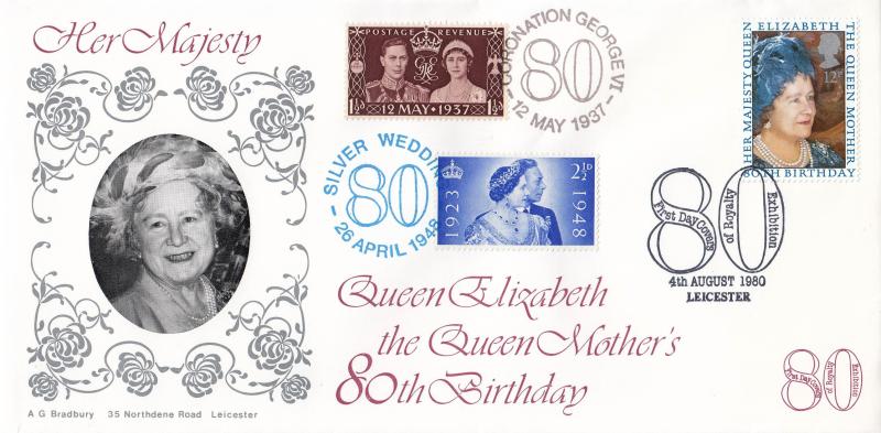 1980 (08) Queen Mother - Bradbury LFDC 3 'Royalty Exhibition' Official + 1937 & 1948 Stamps