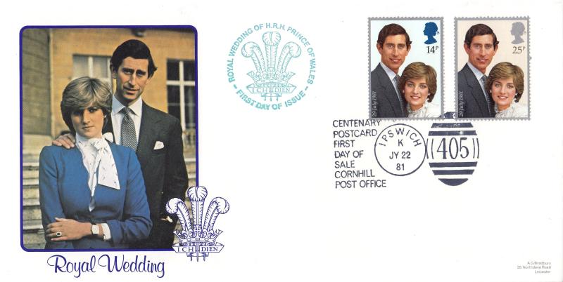 1981 (07) Wedding - Bradbury LFDC 11 'Centenary Postcard, Cornhill Post Office' Special