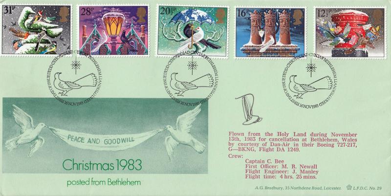 1983 (11) Christmas - Bradbury LFDC 29 'Bethlehem Special - Flown & Signed by Captain C Bee