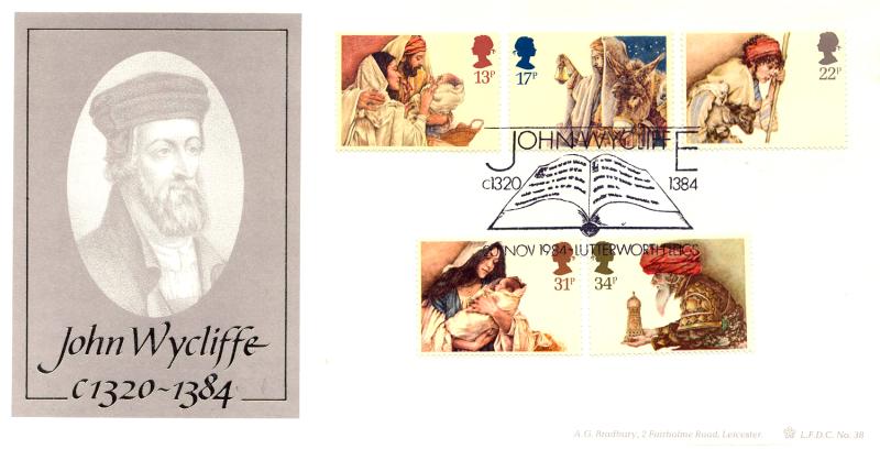 1984 (11) Christmas - Bradbury LFDC 38 'John Wycliffe, Lutterworth' Official