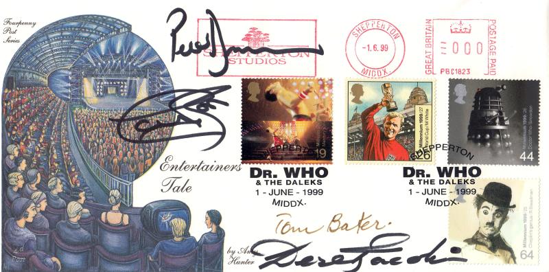 1999 (06) Entertainers - 4d Post - Dr Who & The Daleks H/S + Shepperton Studios Meter Mark - Signed by THREE 'Dr Who's' & 'The Master'