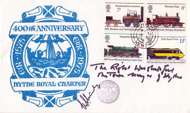 1975 (08) Railways - Hythe Royal Charter 400th Anniversary Cover - Hythe CDS - Signed by the Town Mayor