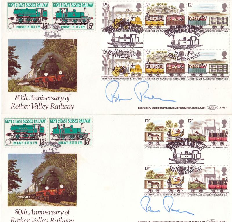 1980 (03) Liverpool & Manchester Railway - Benham RH11 GUTTER PAIRS - Rother Railway H/S - Signed by Sir Peter Parker