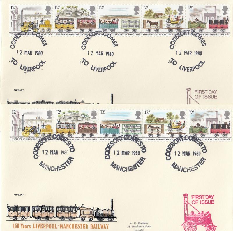 1980 (03) Liverpool & Manchester Railway - Matching Pair of Philart covers - 'Codesort Comes to Liverpool' & 'Manchester' H/S's