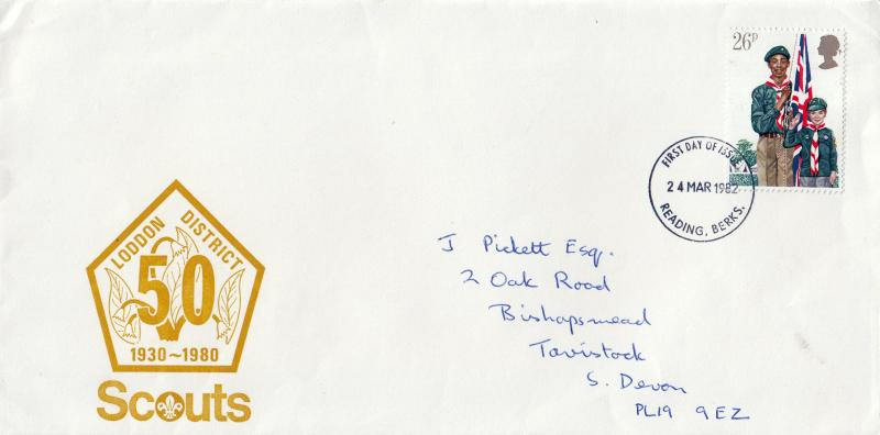 1982 (03) Scouts - Loddon District Scouts 50th Anniversary Cover - 26p - Reading FDI