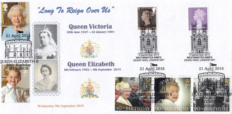 2015 (09) Long To Reign Over Us M/S - Privately Produced cover - Pair of stamps from the M/S with a Deans Yard H/S - Doubled April 2016 Queen's 90th B'Day