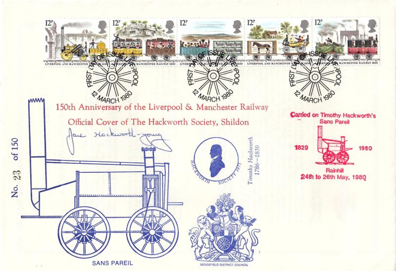 1980 (03) Liverpool & Manchester Railway - 'The Hackworth Society, Shildon' Cover - Liverpool H/S + Signed by Jane Hackworth-Young + Carried on the Sans Pareil