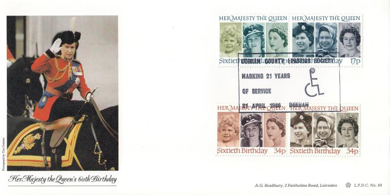 1986 (04) Queen's 60th Birthday - Bradbury LFDC 49 - Durham County Spastics Society H/S