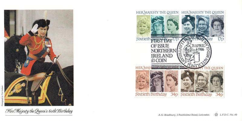 1986 (04) Queen's 60th Birthday - Bradbury LFDC 49 - Northern Ireland Coin, Royal Mint, Pontyclun H/S