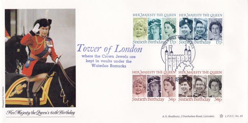 1986 (04) Queen's 60th Birthday - Bradbury LFDC 49 - Tower Hill, London Philatelic Counter H/S