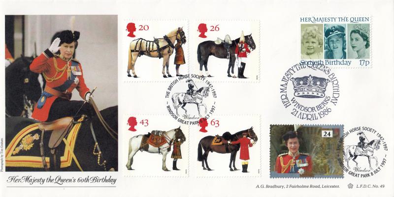 1986 (04) Queen's 60th Birthday - Bradbury LFDC 49 - Windsor Crown H/S - Doubled with 1997 Queen's Horses Set with the VP Official H/S