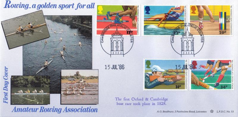 1986 (07) Sports - Bradbury LFDC 53 'Cambridge Philatelic Counter' Special