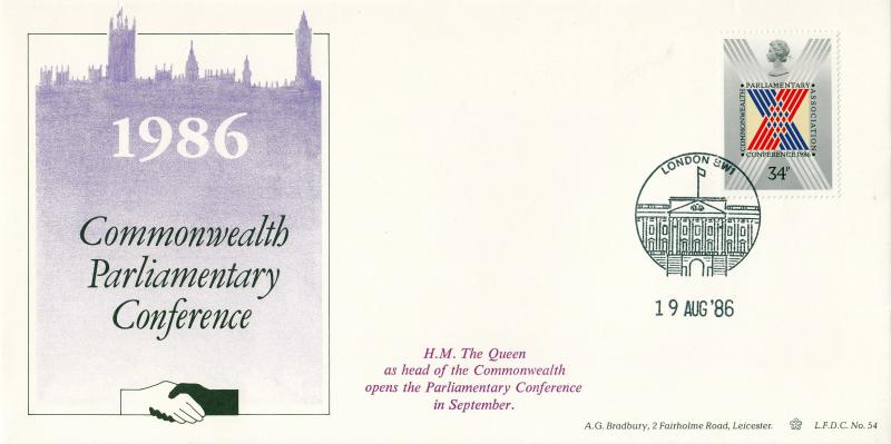 1986 (08) Parliamentary Conference - Bradbury LFDC 54 'Buckingham Palace Philatelic Counter' Special