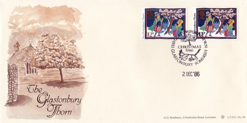 1986 (12) Christmas 12p - Bradbury LFDC 56 'Glastonbury Thorn' Official