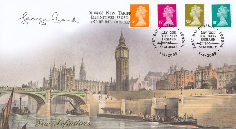 2008 (04) Definitives (9p+15p+56p+81p) - Internet 'Westminster Bridge' Cover - Cry God For Harry H/S - Signed by George Band