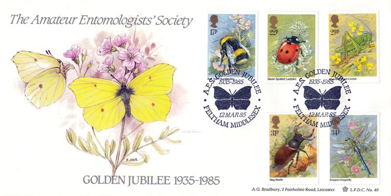 1985 (03) Insects - Bradbury LFDC 40 - 'Amateur Entomologists' Society' Official