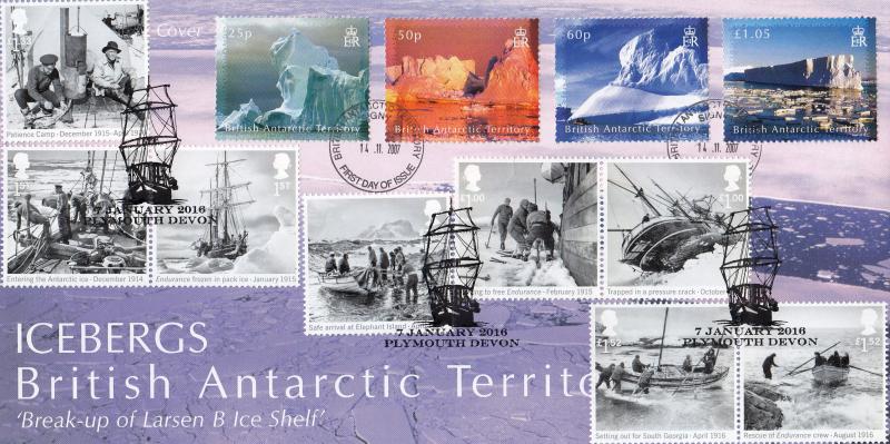 2016 (01) Shackleton & Endurance - British Antarctic Survey Cover - Doubled with the full set of the UK stamps - Plymouth H/S