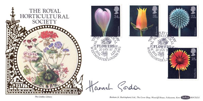 1987 (01) Flowers - Benham BOCS (3) 1 'Royal Horticultural Society, Westminster' Official - Signed by Hannah Gordon