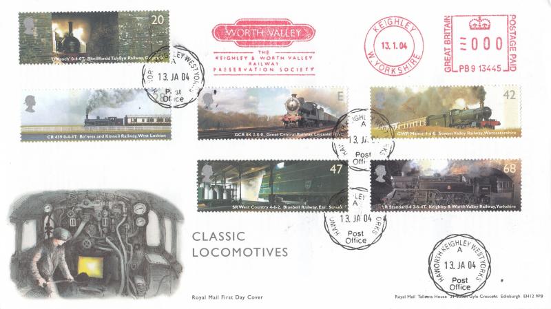 2004 (01) Classic Locomotives (Stamps) - RM - Haworth CDS + Keighley & Worth Valley Railway Meter Mark