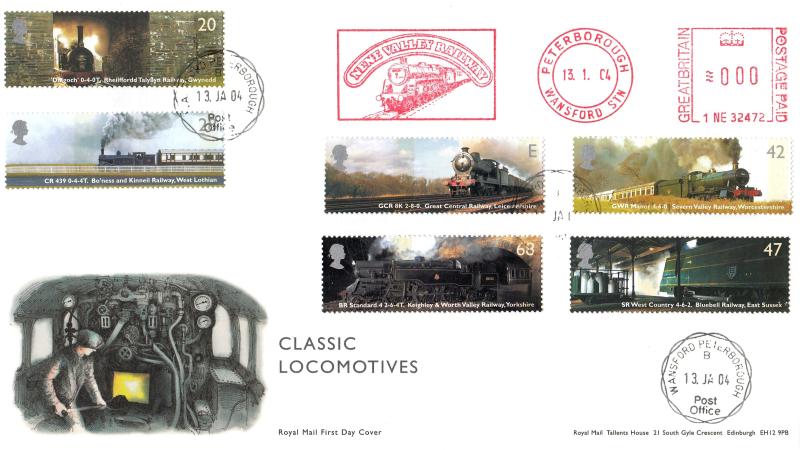 2004 (01) Classic Locomotives (Stamps) - RM - Wansford CDS + Nene Valley Railway Meter Mark