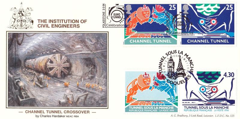 1994 (05) Channel Tunnel - Bradbury LFDC 123 'UK & French Double Issue' Special's (Pair)