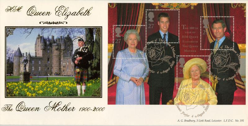 2000 (08) Queen Mother M/S - Bradbury LFDC 191 'Glamis, Forfar' Official