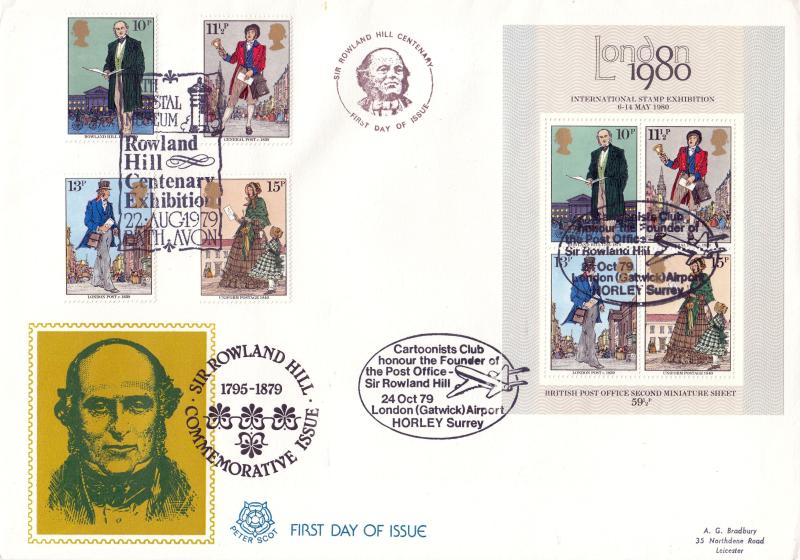 1979 (08) Rowland Hill (Stamps) - Peter Scot - Postal Museum H/S - Doubled with the Oct M/S & Cartoonists Club H/S