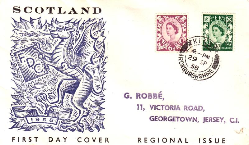 1958 (09) 6d & 1/3d Scottish Regionals - 'EBW' Cover - Kelso CDS