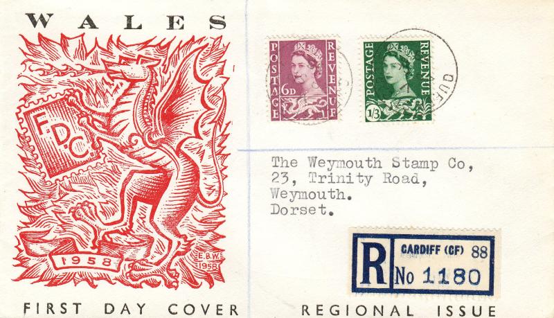 1958 (09) 6d & 1/3d Welsh Regionals - 'EBW' Cover - Cardiff CDS