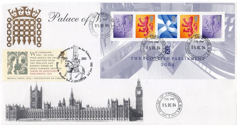 2004 (10) Scottish Parliament - House of Commons 'Portcullis' Cover - House of Commons CDS - Doubled 2015 Magna Carta Stamp