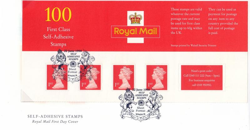 1998 (06) 1st & 2nd Class Self Adhesive in Sheet Format - PAIR of RM Covers - With Sheet Headers - Windsor Lion & Unicorn H/S