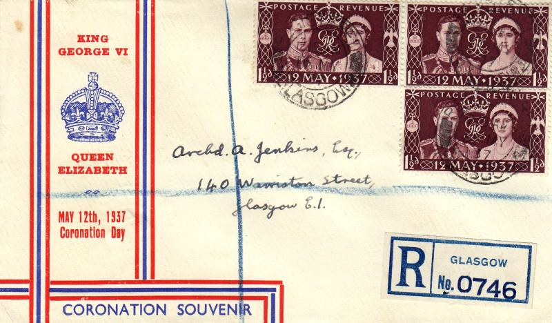 1937 (05) Coronation - Red & Blue Stripes & Crown Cover - Glasgow CDS