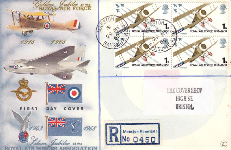 1968 (05) Anniversaries - Connoisseur - Block of Four x 1/- stamps - Manston CDS + RAF Manston Cachet