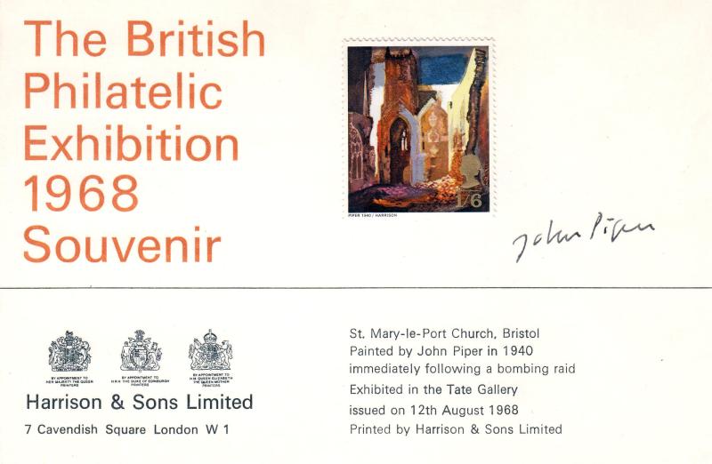 1968 (08) Paintings - Harrison & Sons Philatelic Exhibition Souvenir Card - 1/6d St Mary-le-Port Stamp - Signed by the Painter - John Piper