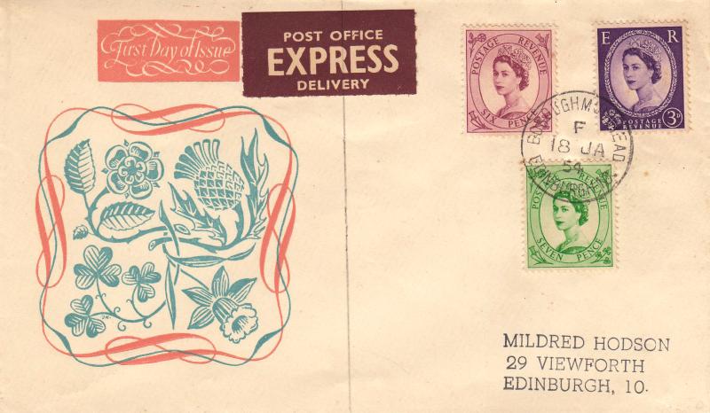 1954 (01) 3d + 6d + 7d Definitives - Illustrated - Edinburgh CDS